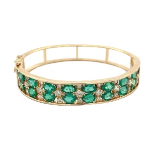 10 carat Emerald and Diamond 2-Row Bangle Bracelet in 14k Gold