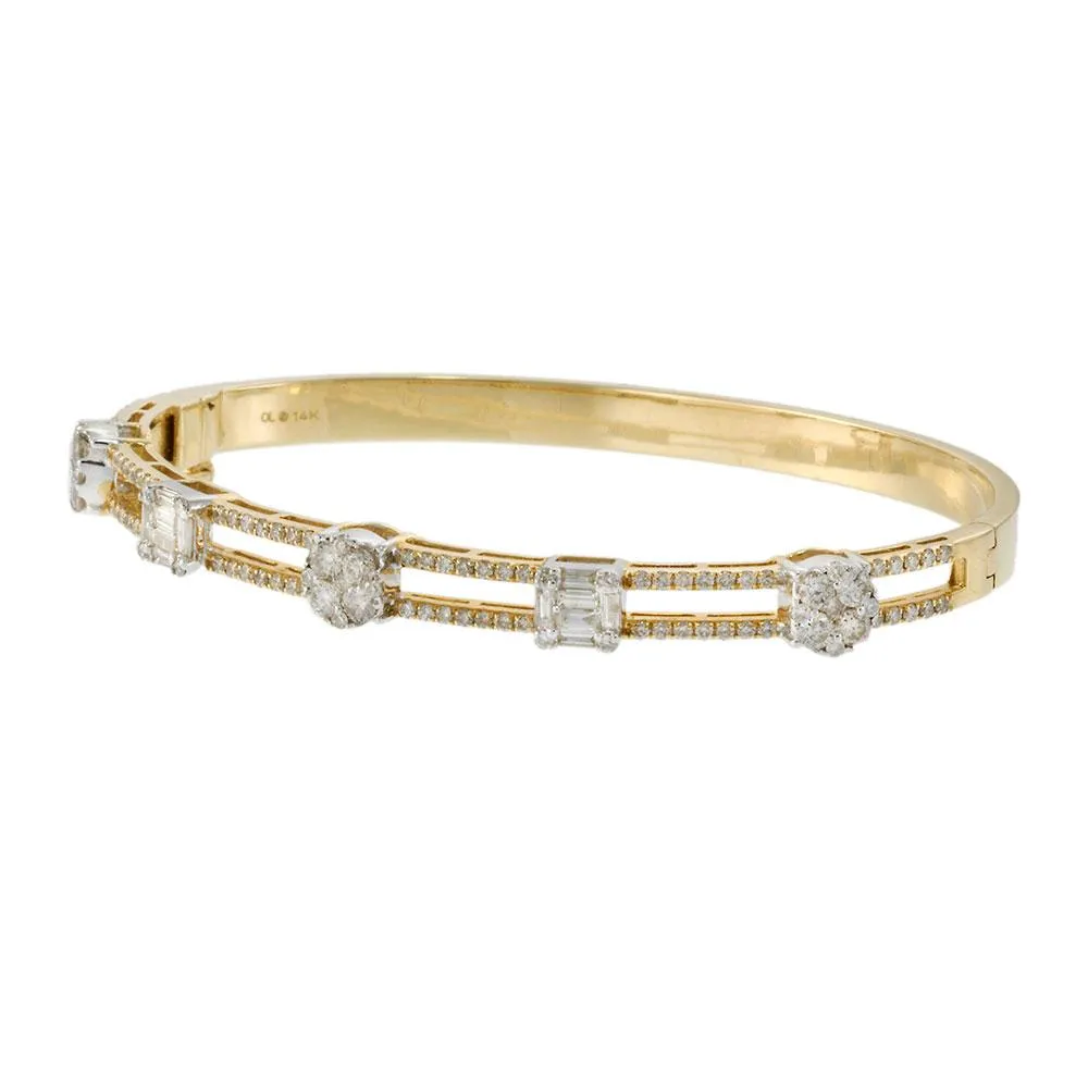 14KT Two-Tone Gold Diamond Bangle Bracelet with Round and Baguette Cuts