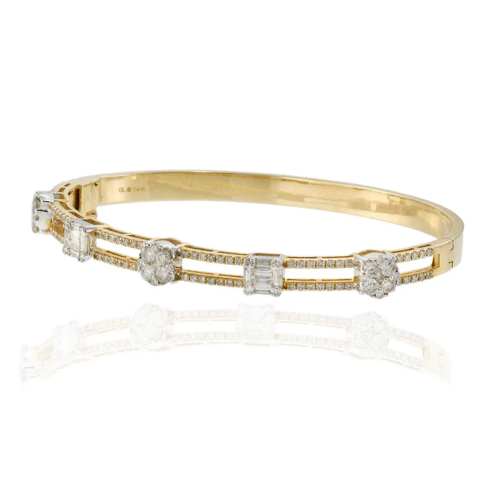 14KT Two-Tone Gold Diamond Bangle Bracelet with Round and Baguette Cuts