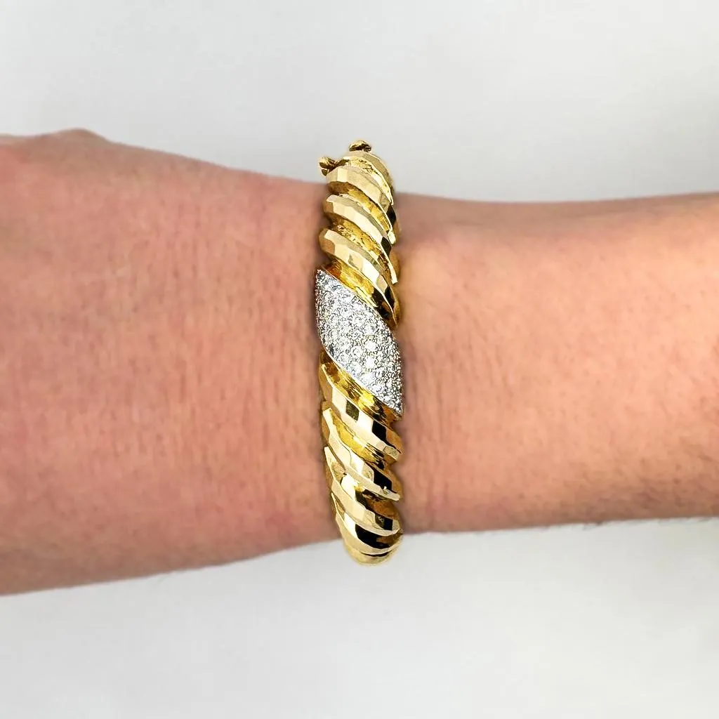 18K Gold Hammered Finish Diamond Pave Bangle Bracelet