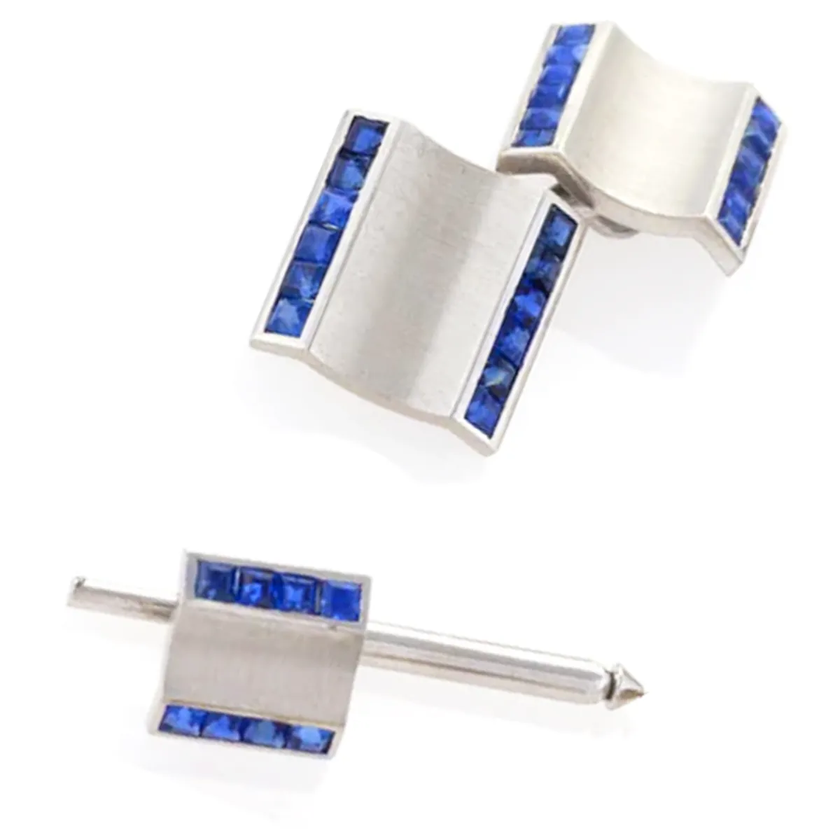 1940s Platinum Sapphire Cufflinks & Dress Set