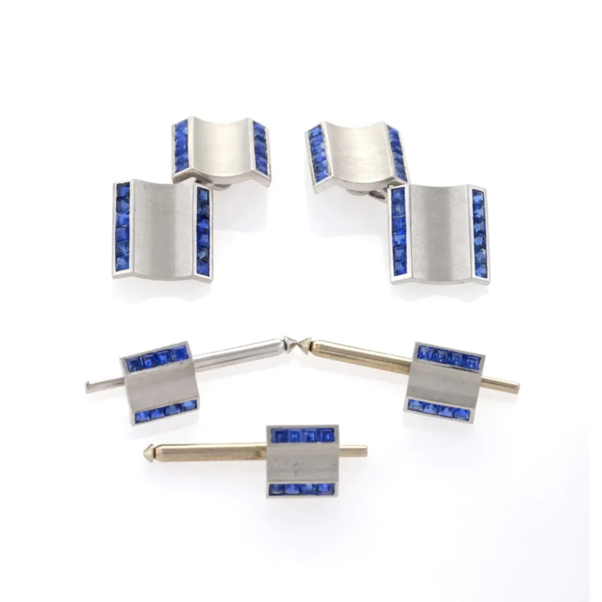 1940s Platinum Sapphire Cufflinks & Dress Set