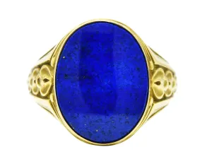 Art Deco Lapis Lazuli 14 Karat Green Gold Unisex Foliate Signet Ring