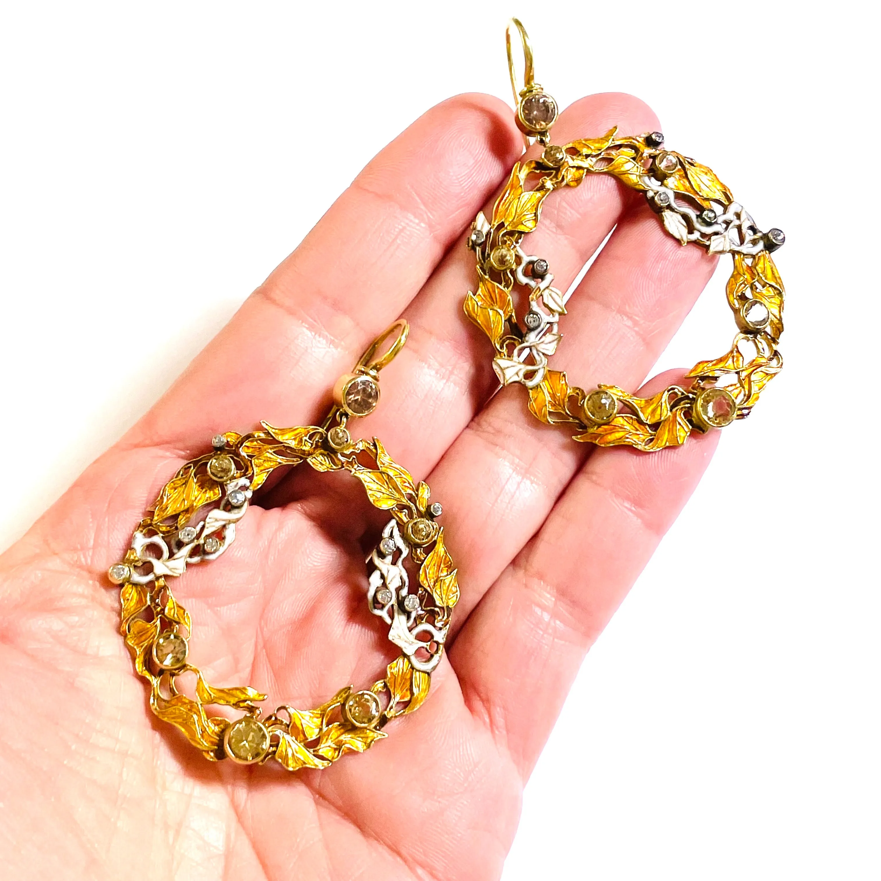 Art Nouveau 18KT Yellow Gold Diamond & Enamel Earrings