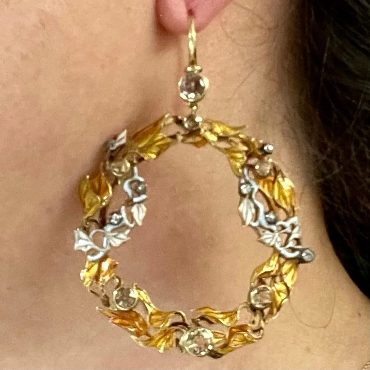 Art Nouveau 18KT Yellow Gold Diamond & Enamel Earrings