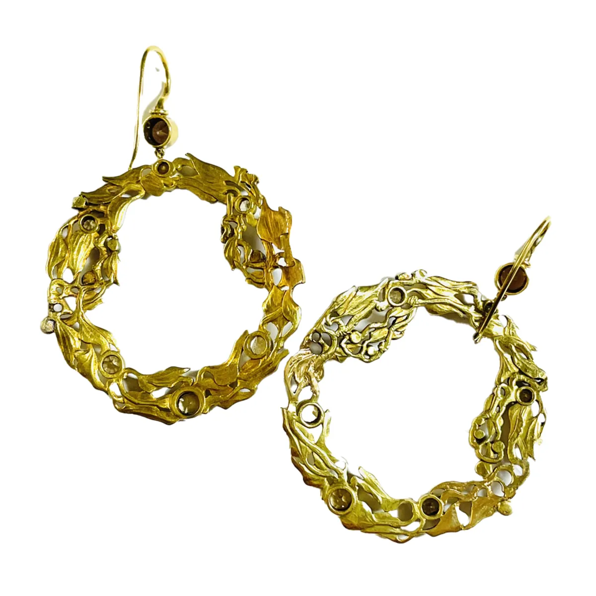 Art Nouveau 18KT Yellow Gold Diamond & Enamel Earrings