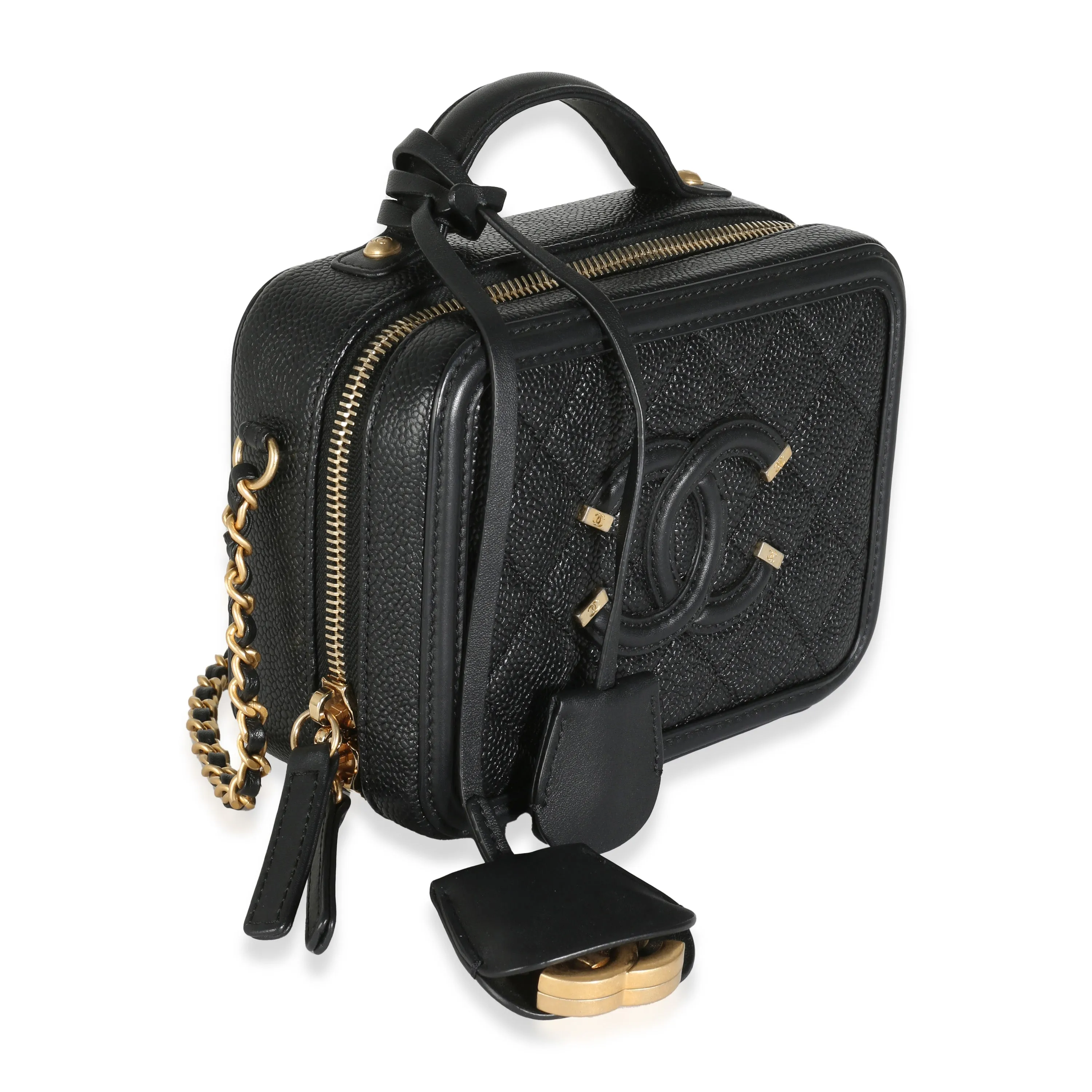 Black Quilted Caviar Small CC Filigree Vanity Case