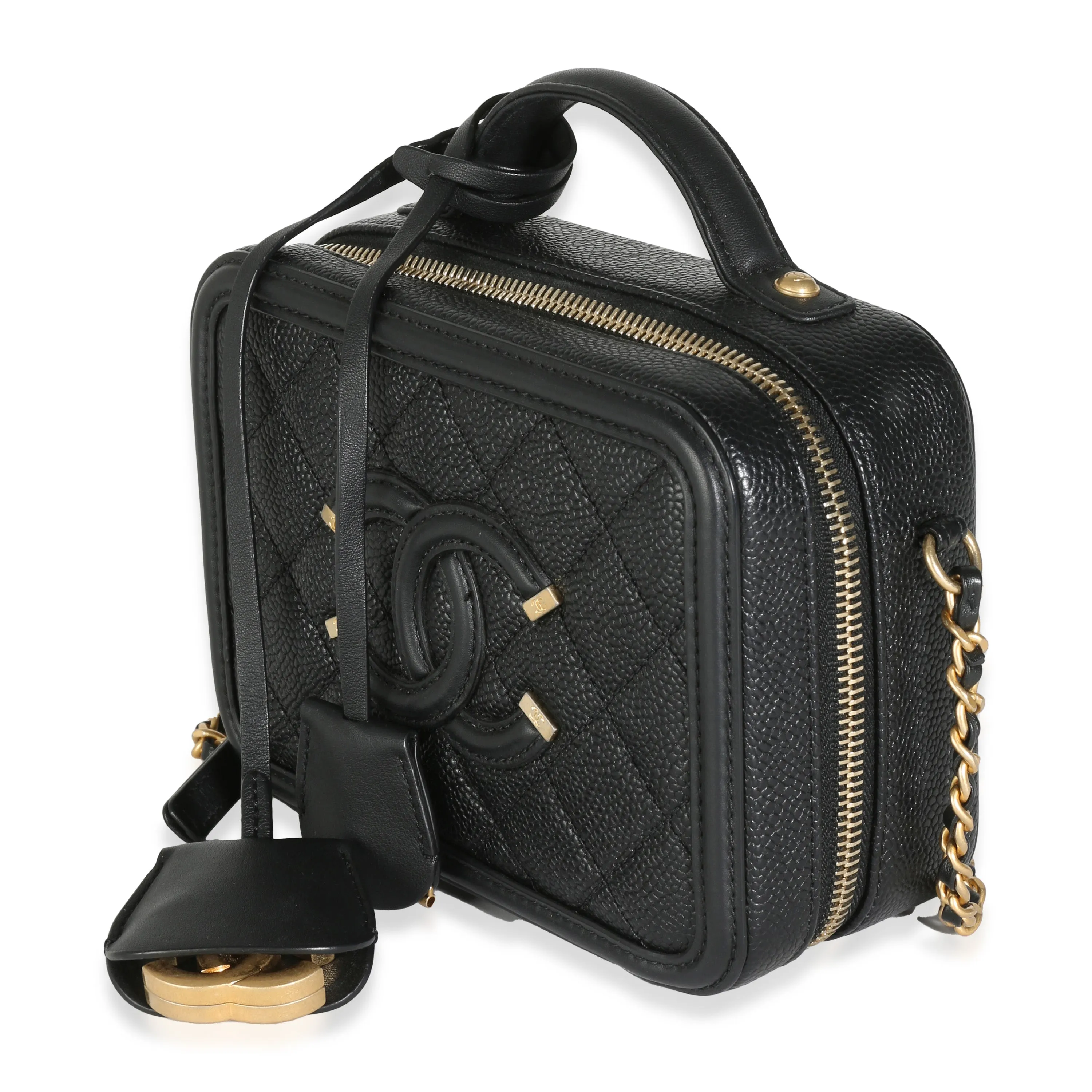 Black Quilted Caviar Small CC Filigree Vanity Case