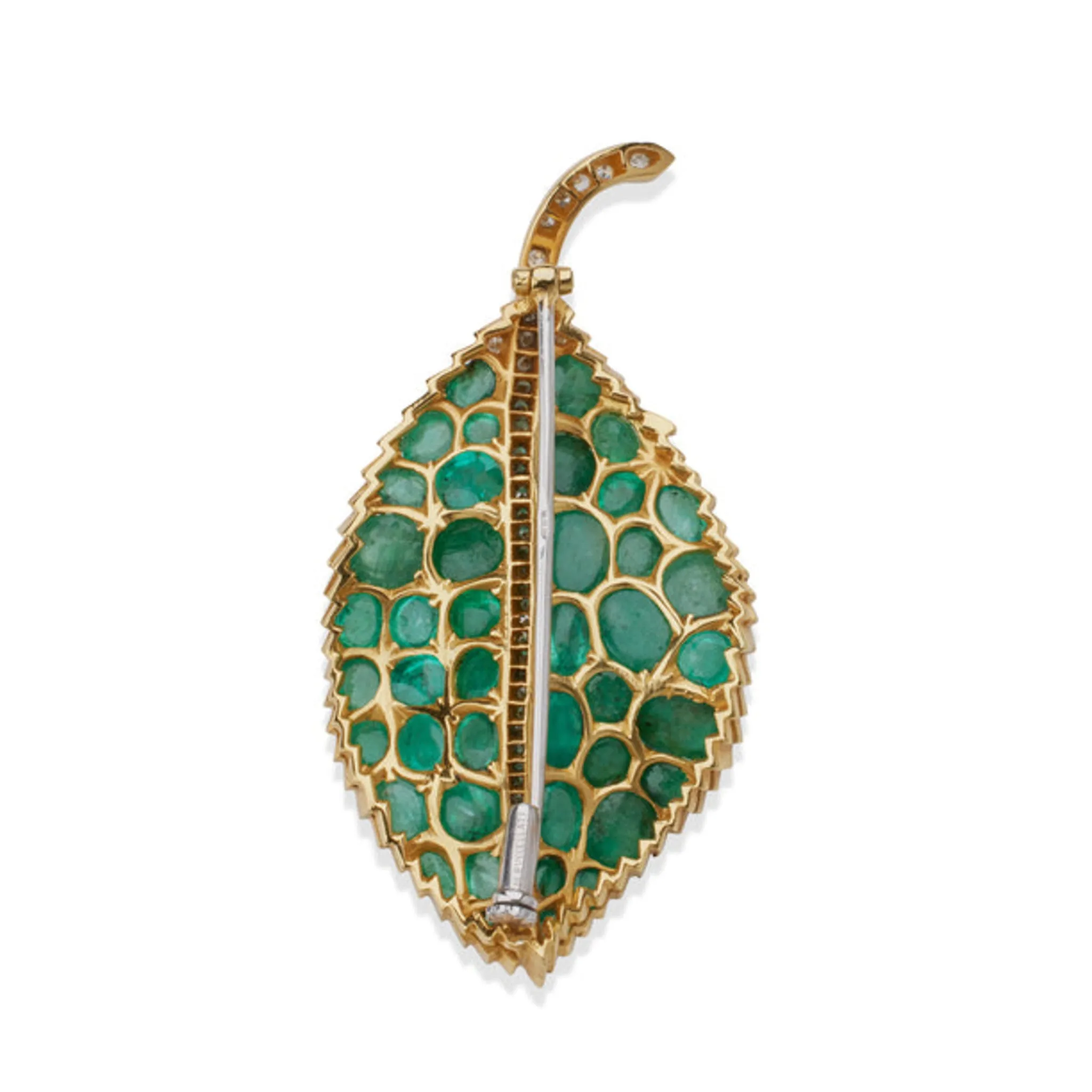 Buccellati Italy 1970s Platinum & 18KT Yellow Gold Emerald & Diamond Leaf Brooch
