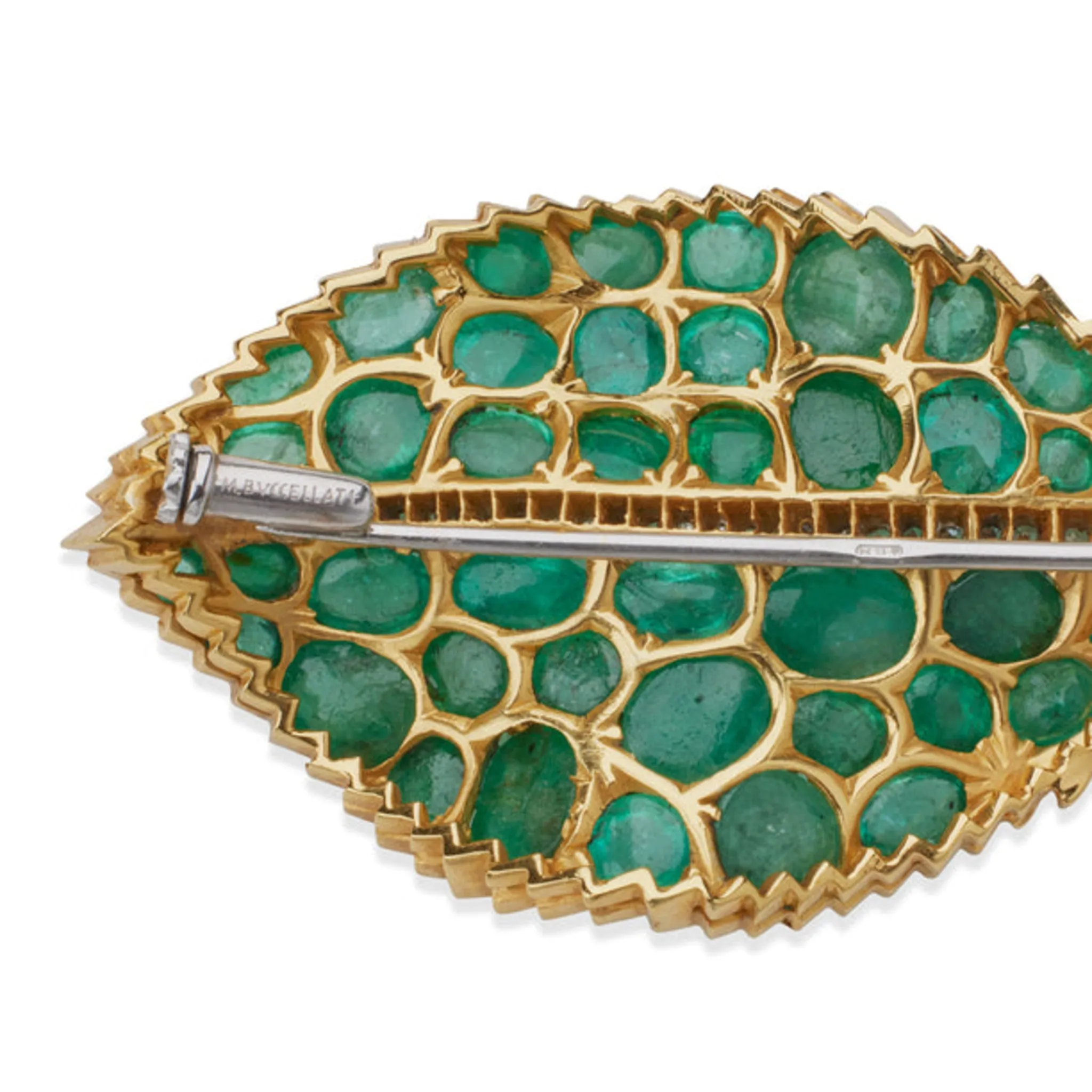 Buccellati Italy 1970s Platinum & 18KT Yellow Gold Emerald & Diamond Leaf Brooch