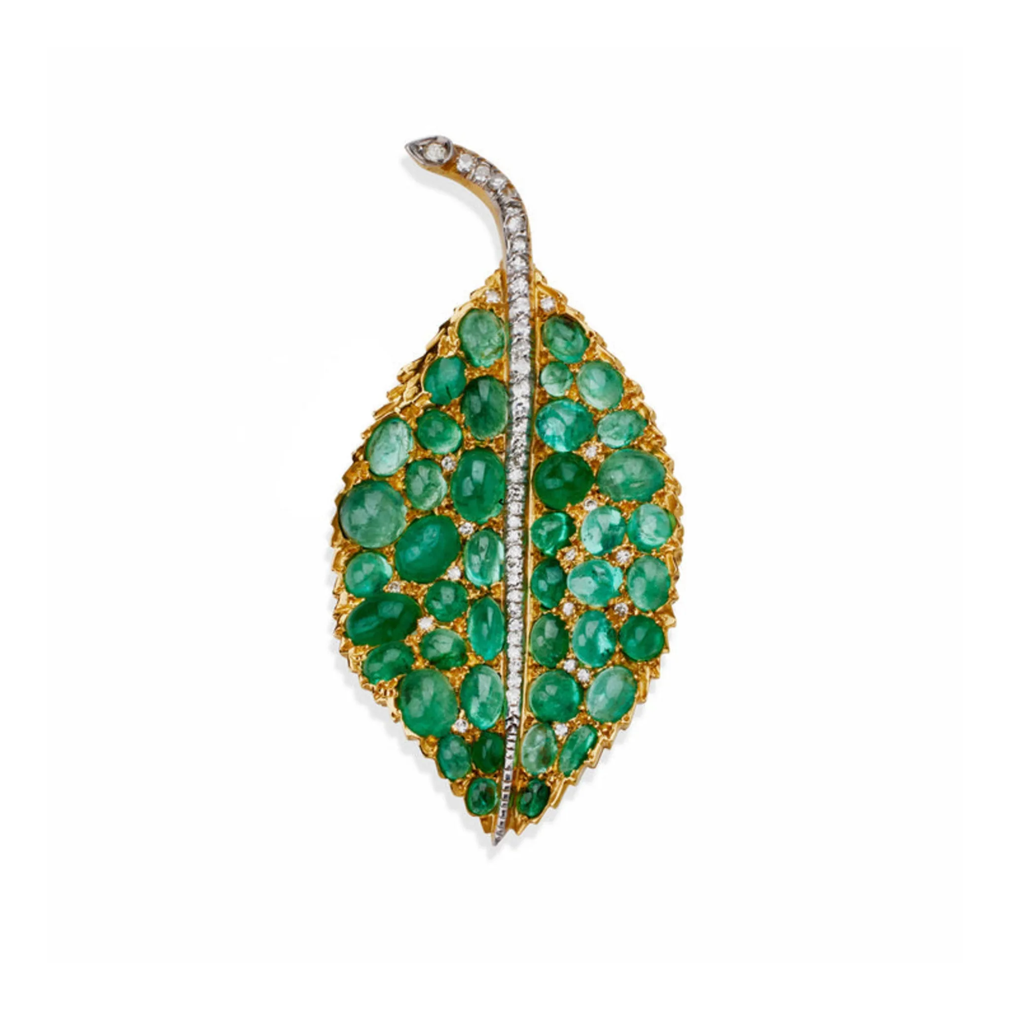 Buccellati Italy 1970s Platinum & 18KT Yellow Gold Emerald & Diamond Leaf Brooch