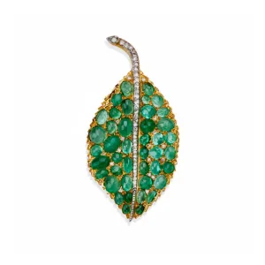 Buccellati Italy 1970s Platinum & 18KT Yellow Gold Emerald & Diamond Leaf Brooch