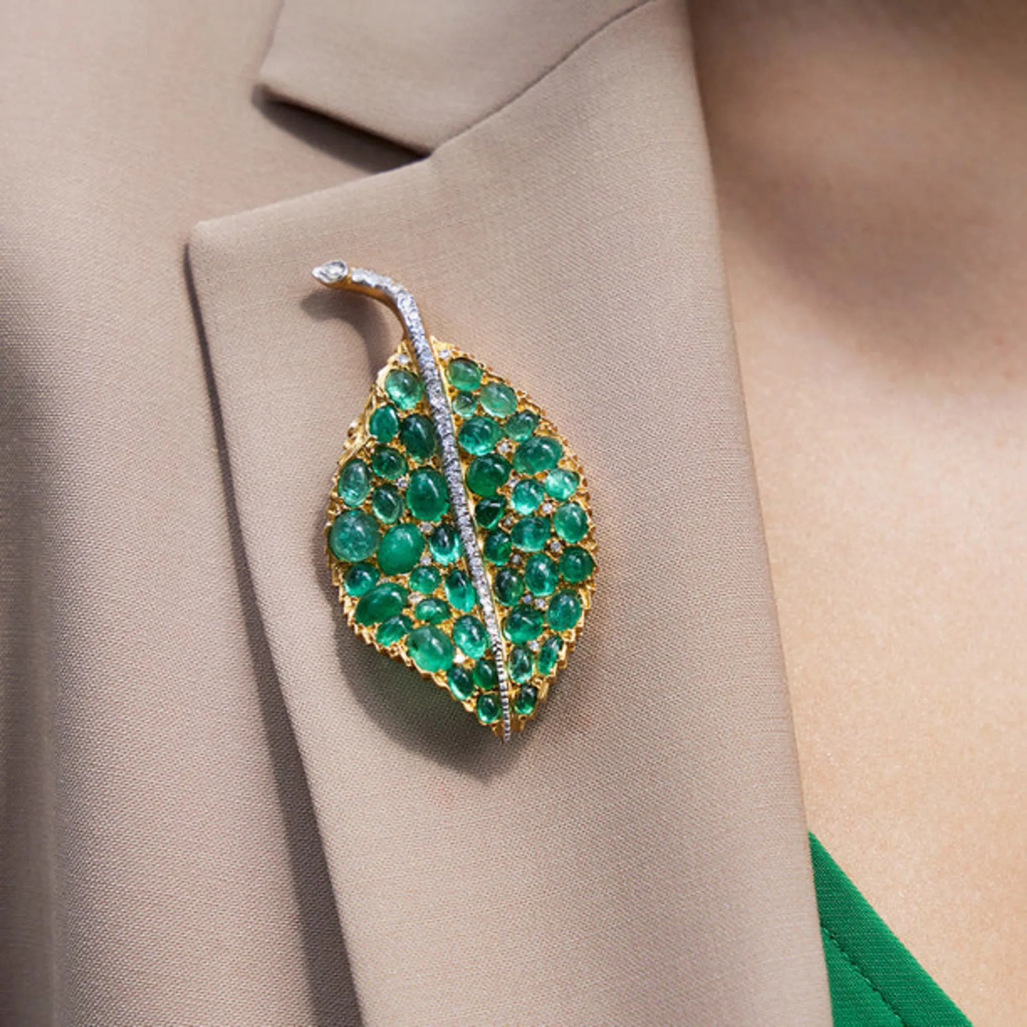 Buccellati Italy 1970s Platinum & 18KT Yellow Gold Emerald & Diamond Leaf Brooch