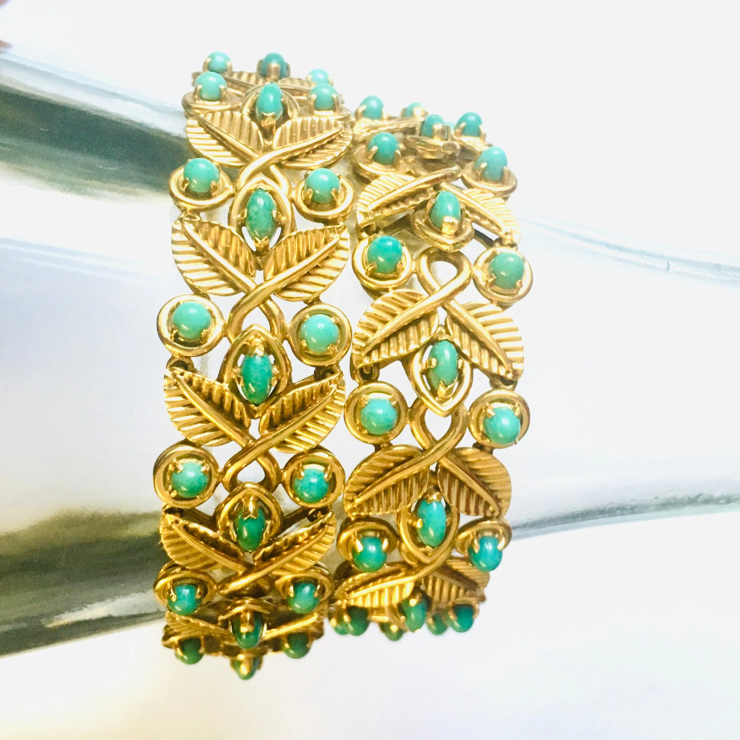 French 1950s 18KT Yellow Gold Turquoise Bracelets