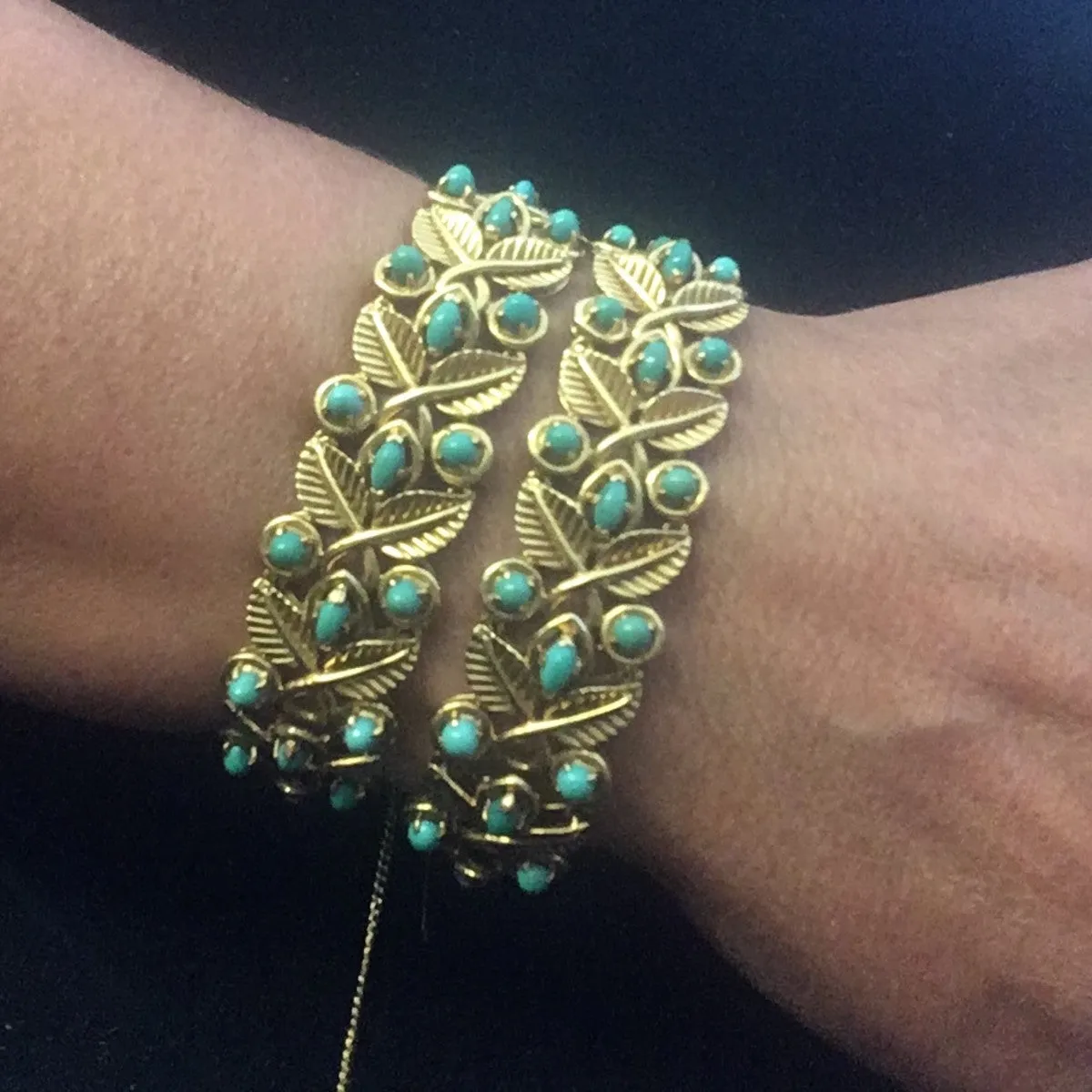 French 1950s 18KT Yellow Gold Turquoise Bracelets