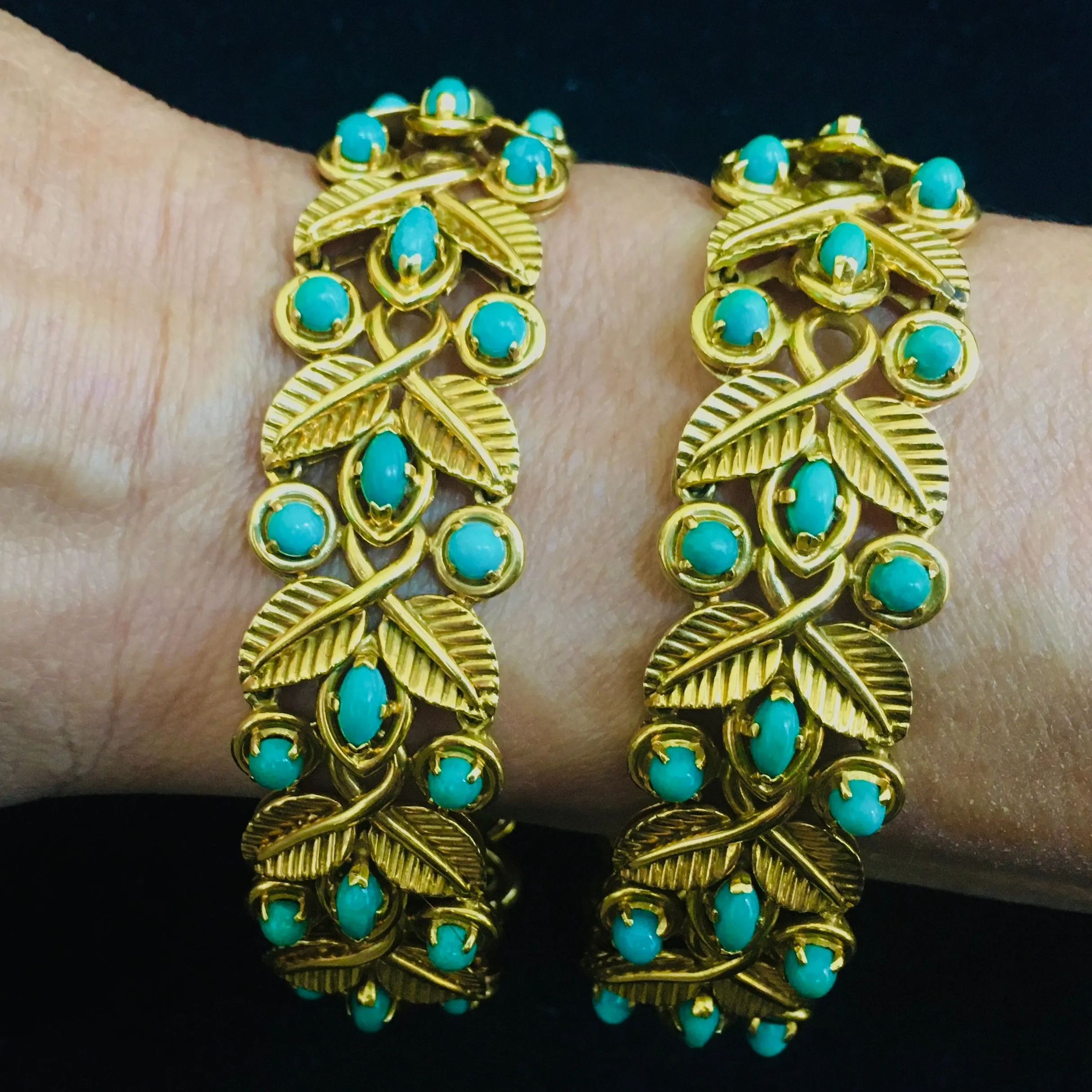 French 1950s 18KT Yellow Gold Turquoise Bracelets