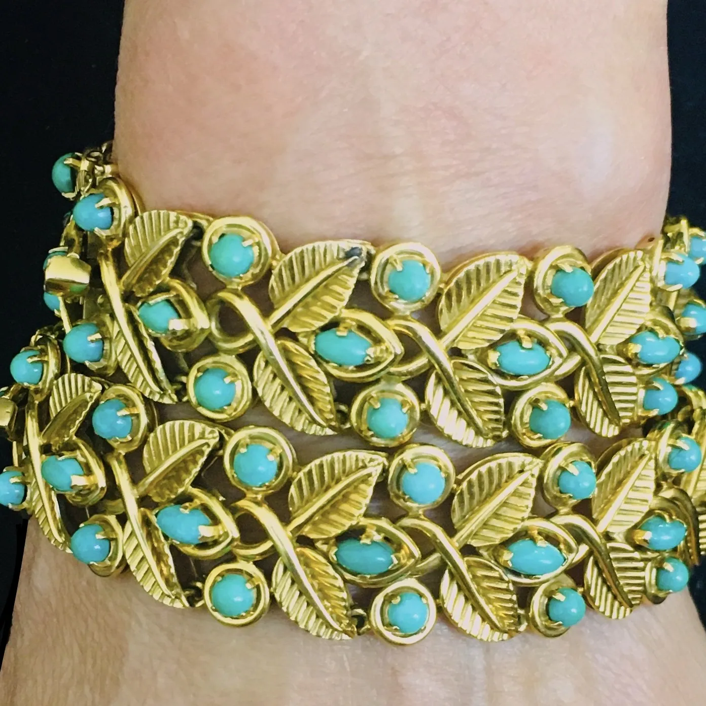 French 1950s 18KT Yellow Gold Turquoise Bracelets