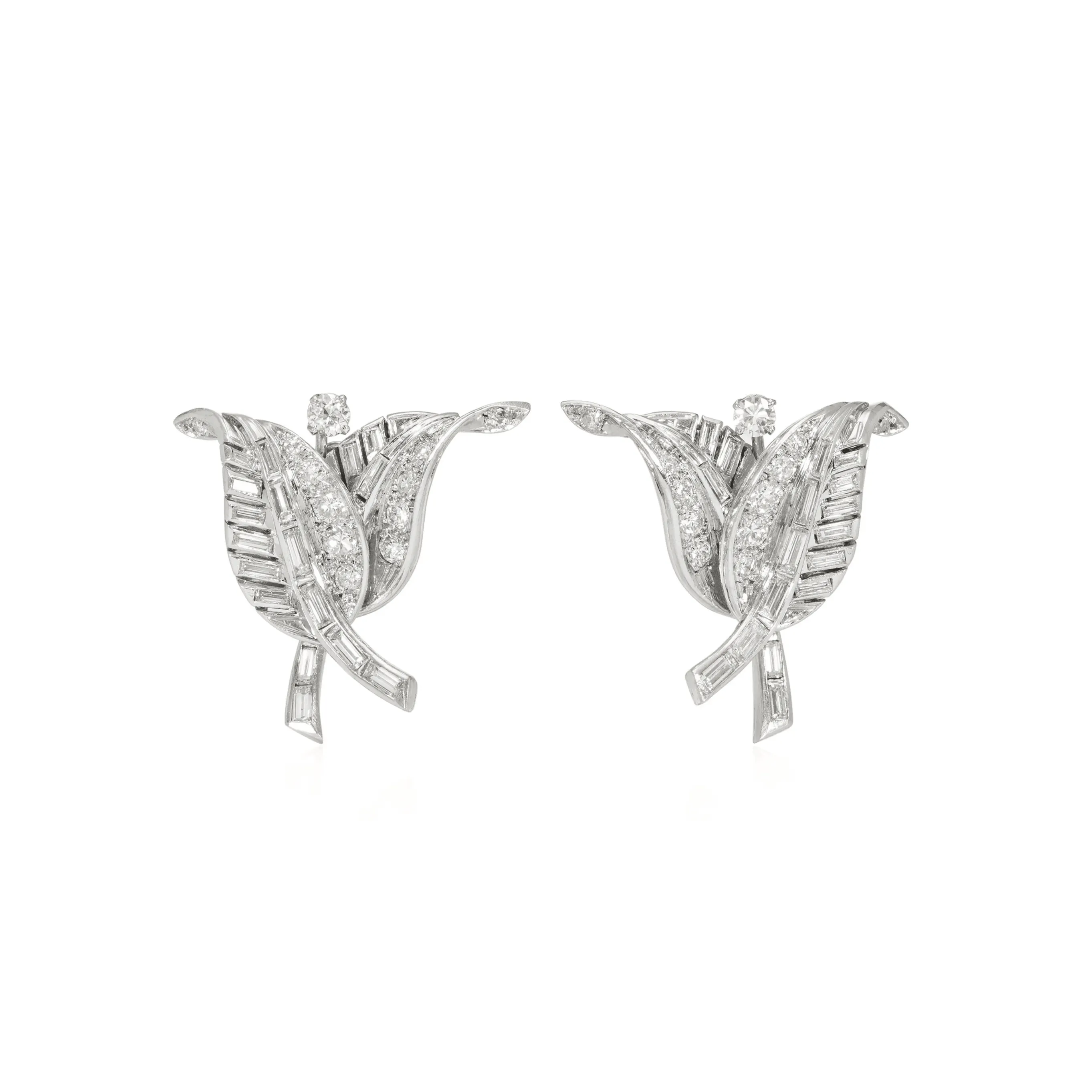 French 1950s Platinum & 18KT White Gold Diamond Earrings