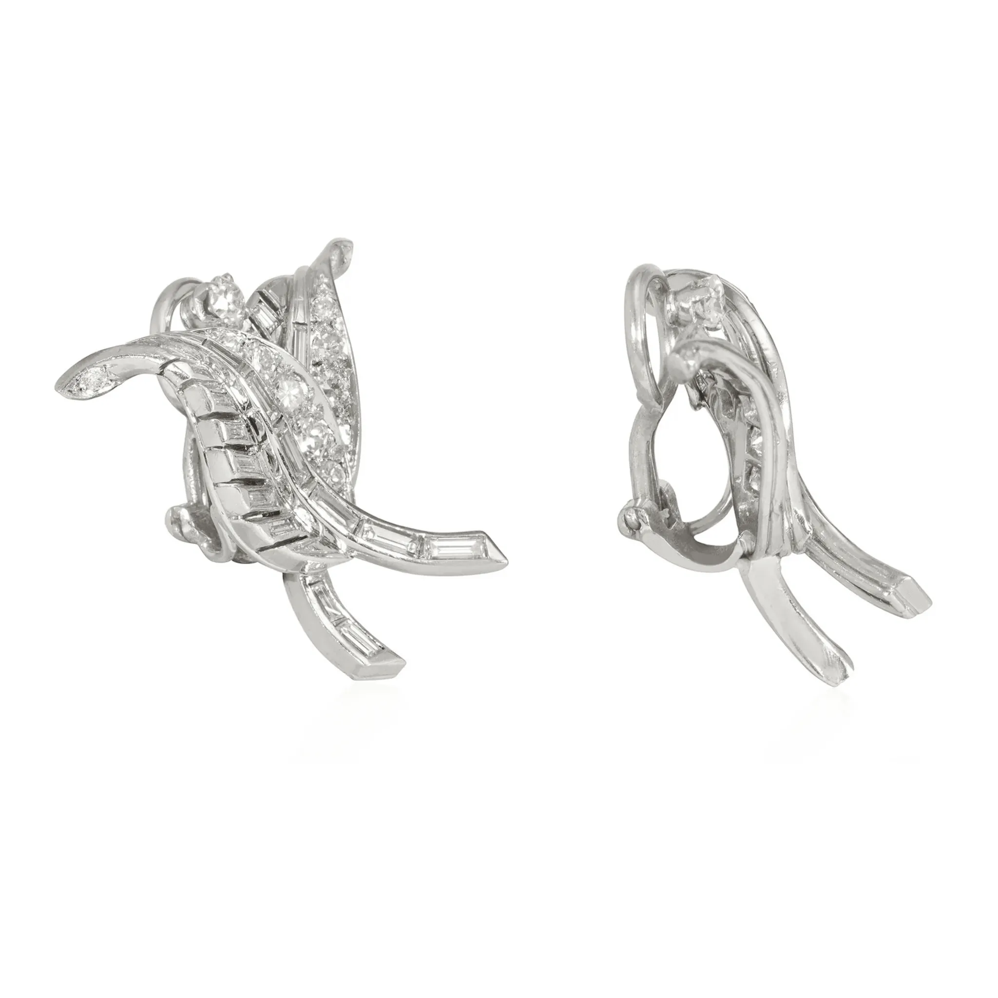 French 1950s Platinum & 18KT White Gold Diamond Earrings