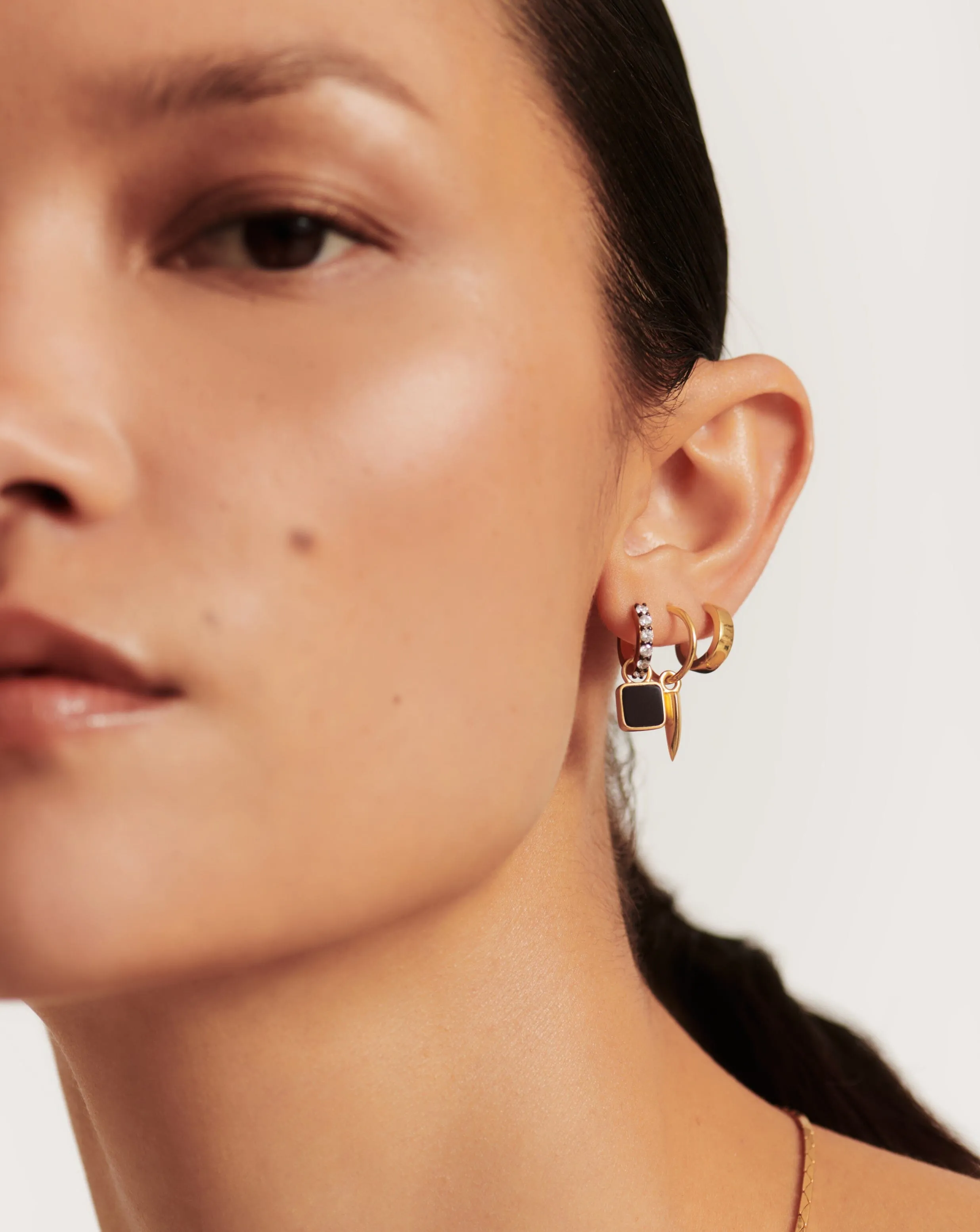 Lucy Williams Square Black Onyx Charm Hoop Earrings  | 18k Gold Vermeil/Black Onyx