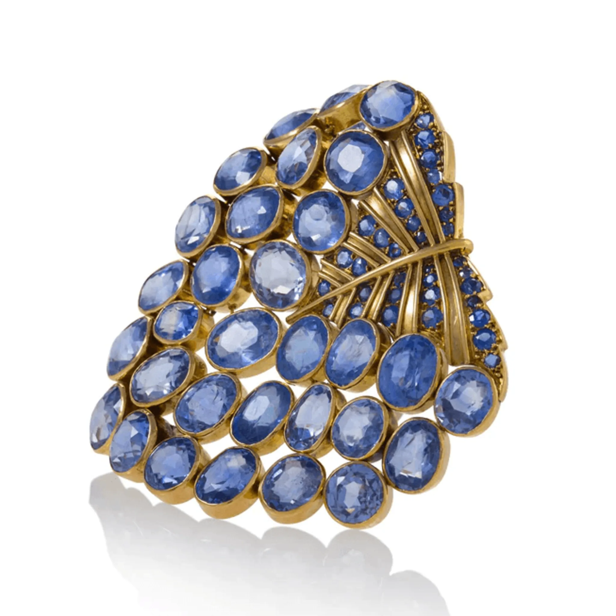 Rene Boivin 1930s 18KT Yellow Gold Sapphire Feuille Brooch