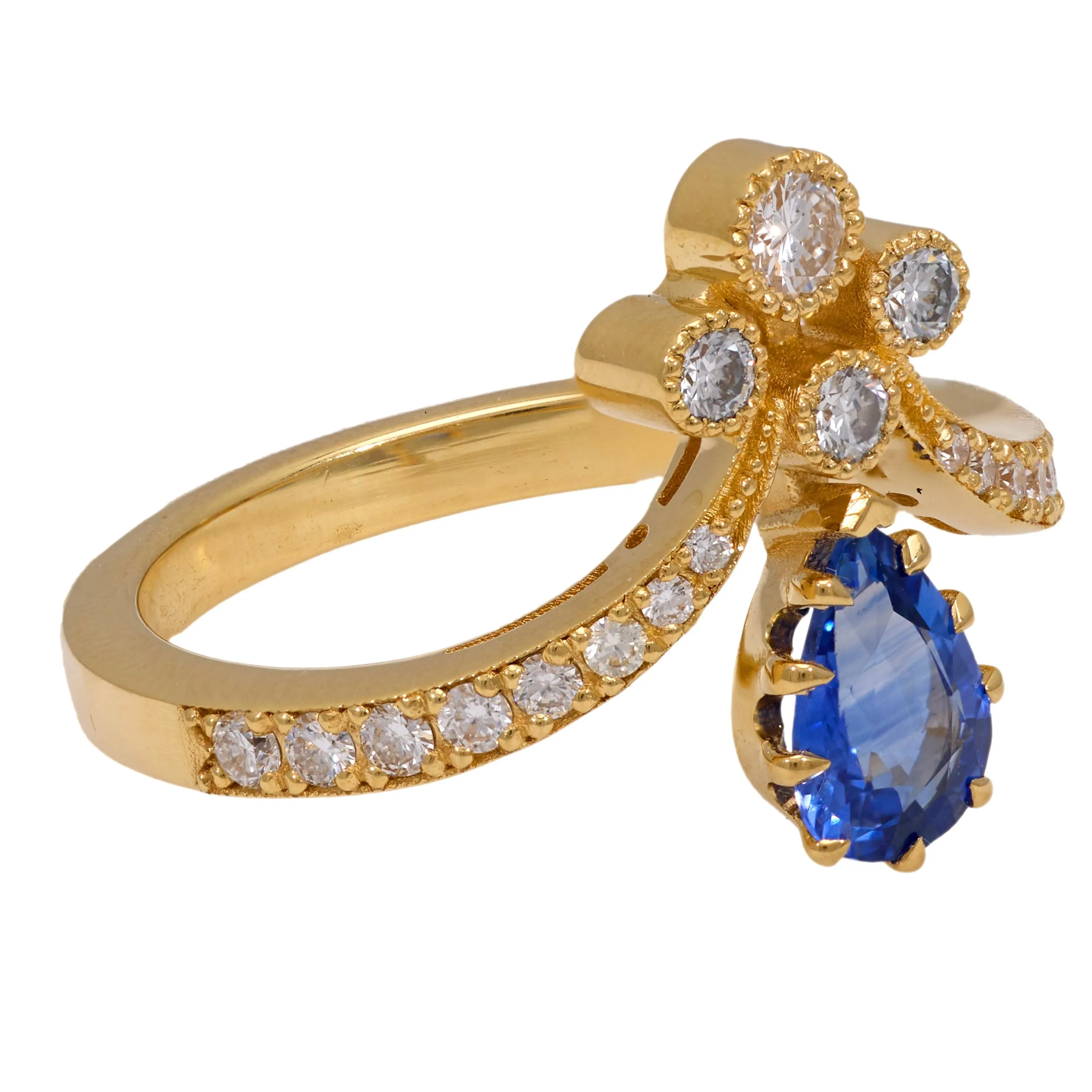 Sapphire diamond 18k yellow gold tiara ring