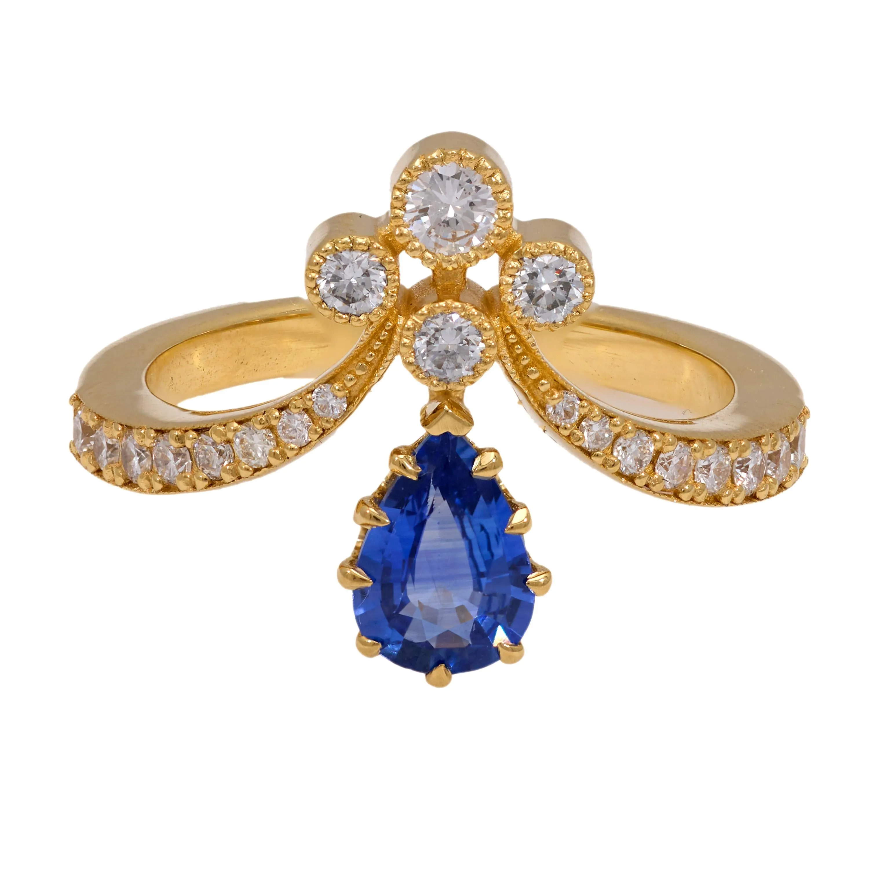 Sapphire diamond 18k yellow gold tiara ring